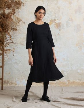 "Elina" black organic linen midi dress