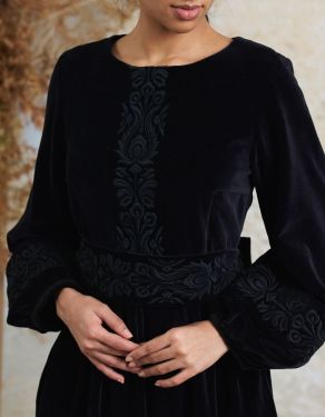 "Misha" black embroidered black velvet dress